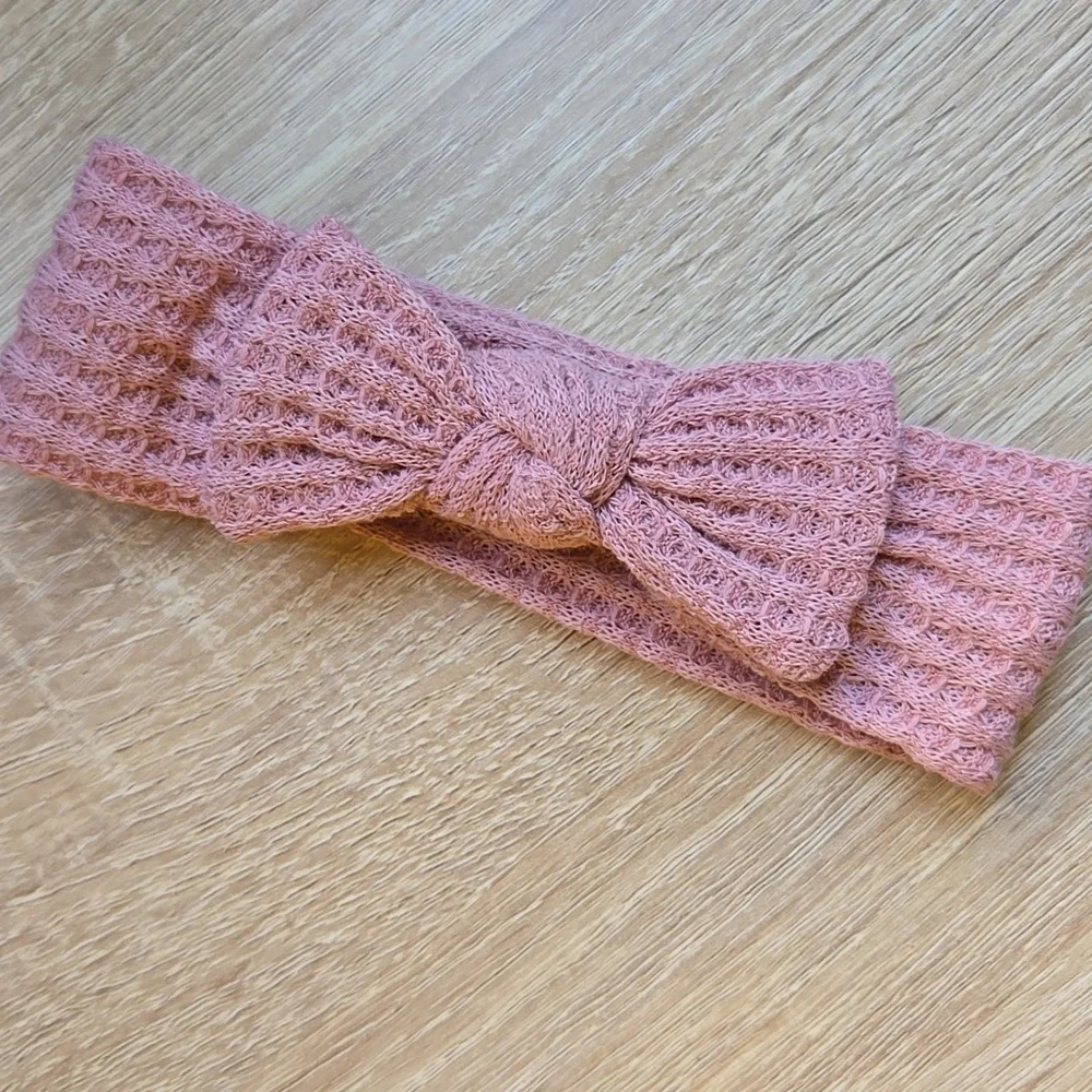 Boho Baby Girl Waffle Knit Bowknot Headband Dusty Rose Soft Elastic Hairband